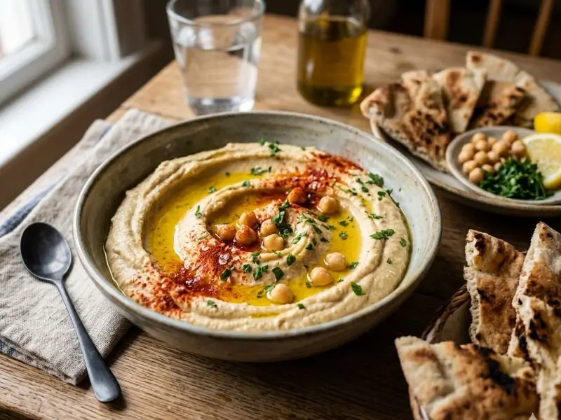 Classic hummus with olive oil and paprika at Aladdin Montrose