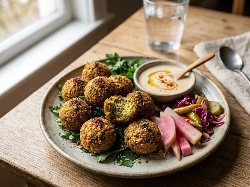 Golden falafel balls on a plate with tahini and pickled vegetables