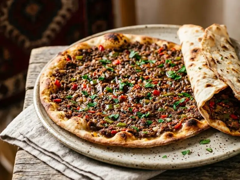 Fresh-baked lahmajoun flatbread with spiced ground beef topping.