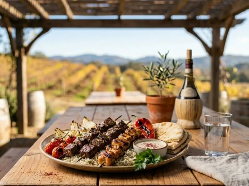 Mixed grill platter of chicken, beef, and lamb kabobs
