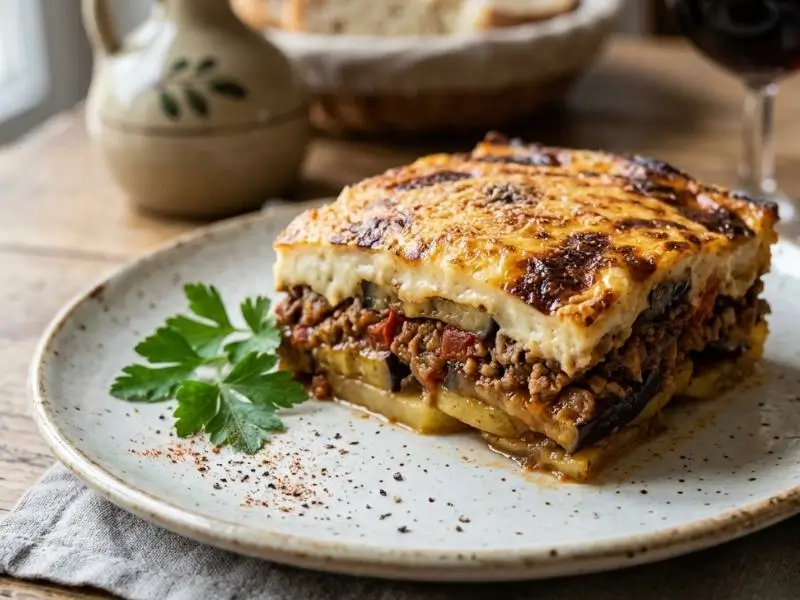 Baked moussaka with eggplant, lamb, and béchamel on a plate