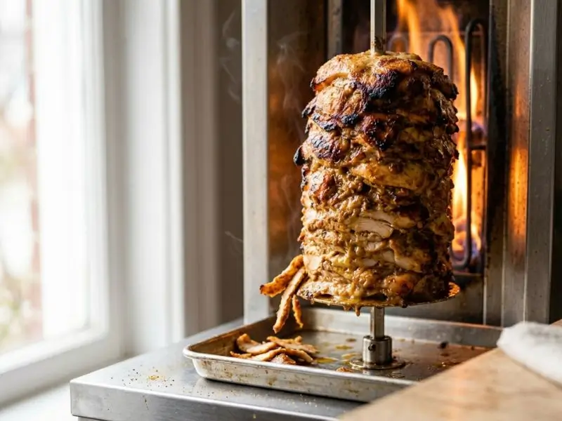 Chicken shawarma slow-roasting on vertical rotisserie