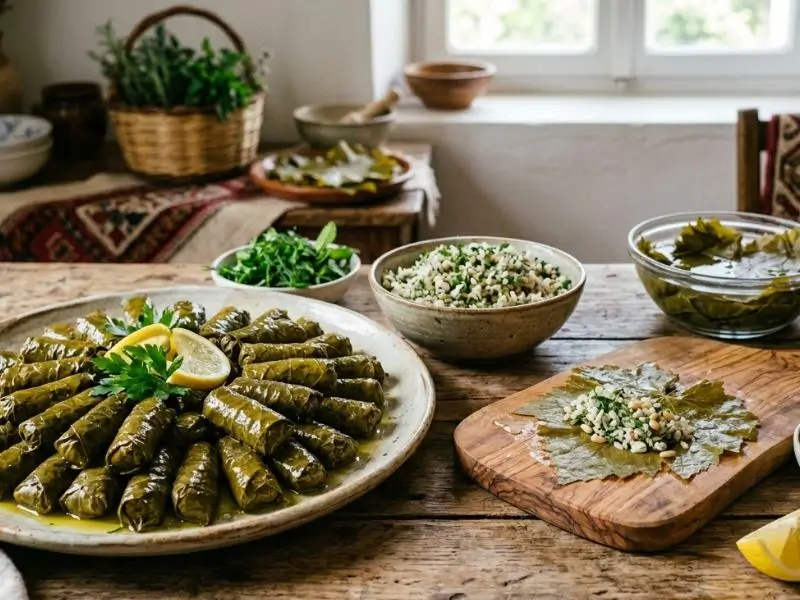 Hand-rolled stuffed grape leaves with rice and herbs.