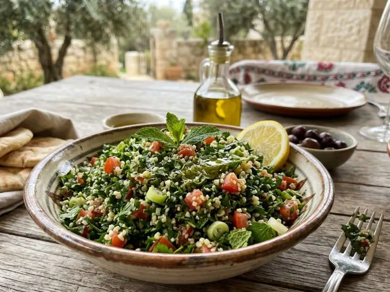 Traditional Lebanese tabbouleh with fresh parsley, tomato, and bulgur