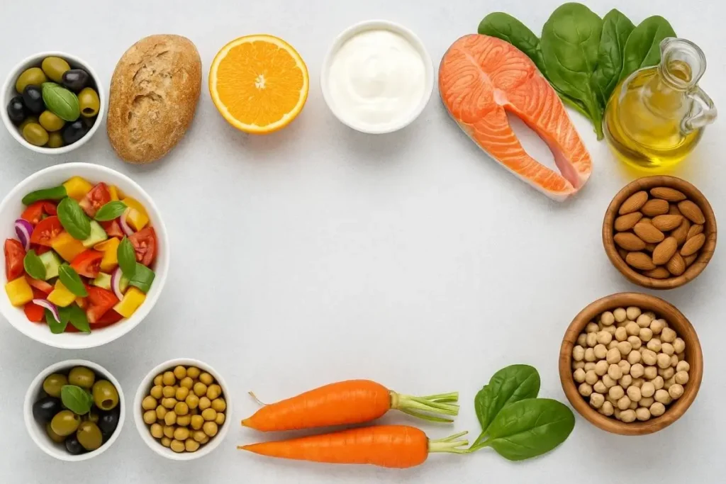 Fresh Mediterranean cuisine ingredients like salmon, olive oil, chickpeas, carrots, almonds and colorful vegetables arranged around empty space on a light background.