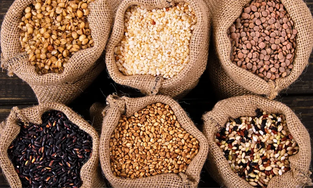 Whole grains and legumes used in the Mediterranean diet for fiber and mental wellness Mediterranean Diet for Depression assorted whole grains and legumes in burlap sacks including lentils, brown rice, wild rice, barley, bulgur, and millet