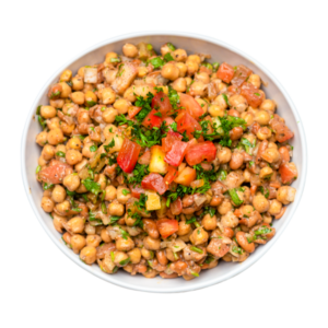 Chickpea Slad with tomatoes and onions in a white bowl