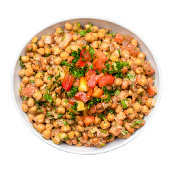 Chickpea Slad with tomatoes and onions in a white bowl