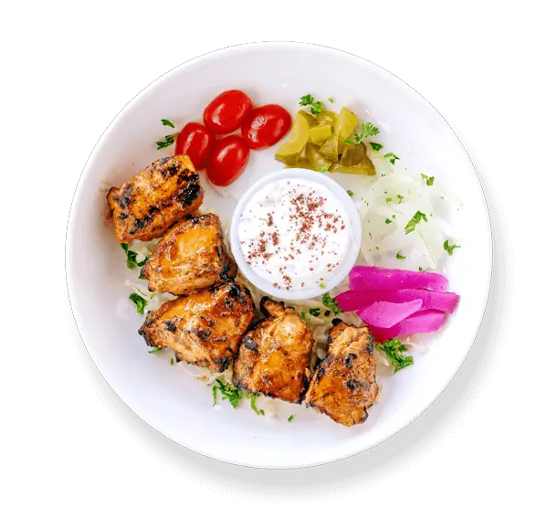 Classic chicken kabob skewer from Aladdin Mediterranean cuisine, served with fragrant rice, grilled vegetables, and garlic sauce