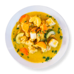 Curry chicken plate from Aladdin Mediterranean Cuisine—chicken breast in creamy turmeric-ginger curry with potatoes, carrots, and cranberry-almond rice