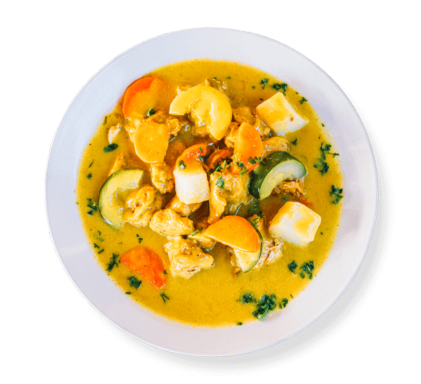 Curry chicken plate from Aladdin Mediterranean Cuisine—chicken breast in creamy turmeric-ginger curry with potatoes, carrots, and cranberry-almond rice