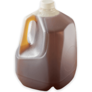 Ice Tea gallon jug with amber tea, white cap and side handle on black background
