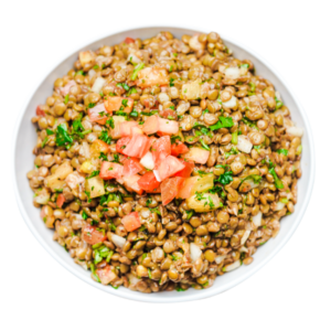 lentils salad in a white bowl