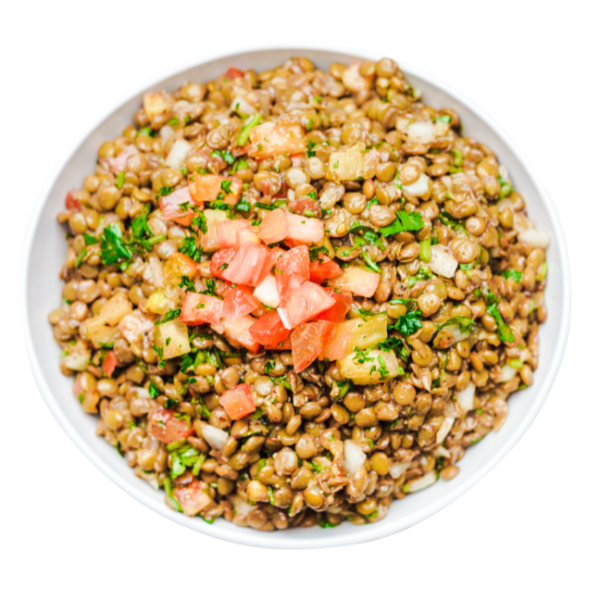 lentils salad in a white bowl