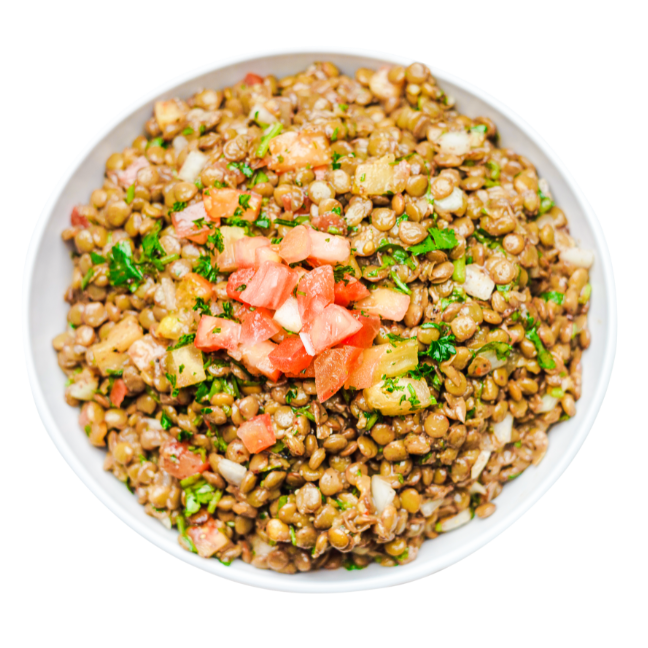 lentils salad in a white bowl