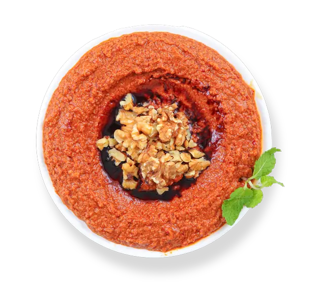 Muhammara dip from Aladdin Mediterranean Cuisine—roasted red pepper & walnut spread drizzled with olive oil.