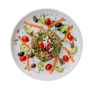 Quinoa Salad - cherry tomatoes, olives, fetta cheese, and orange vinaigrette