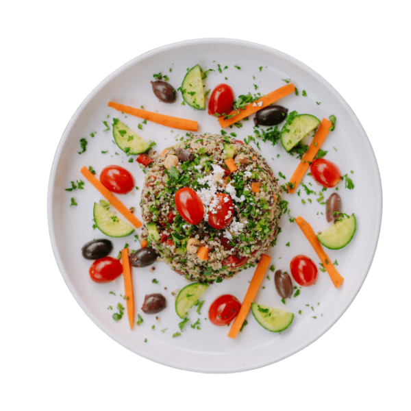 Quinoa Salad - cherry tomatoes, olives, fetta cheese, and orange vinaigrette