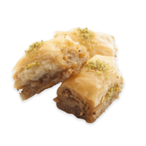 Walnut Baklava pieces with flaky phyllo layers, walnut filling, syrup glaze, and pistachio garnish