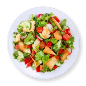 Lebanese Fattoush Salad with pita chips croutons on a round white plate