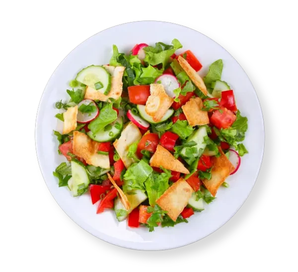 Lebanese Fattoush Salad with pita chips croutons on a round white plate