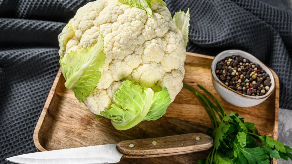 cauliflower on a cutting board with a knife and spices