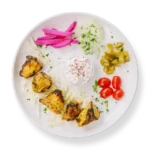 Saffron Chicken Kebab from Aladdin Mediterranean Cuisine—juicy, saffron-infused chicken skewer.
