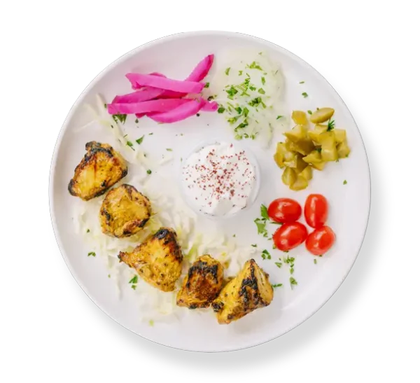 Saffron Chicken Kebab from Aladdin Mediterranean Cuisine—juicy, saffron-infused chicken skewer.