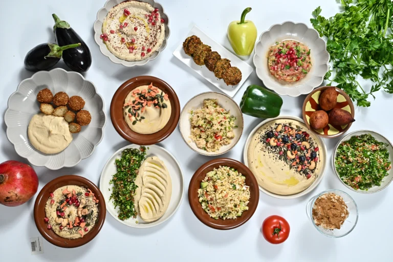 Fresh halal Mediterranean mezze platter at Aladdin Houston — hummus, tabouli, falafel, pita, and fresh vegetables from the Montrose kitchen