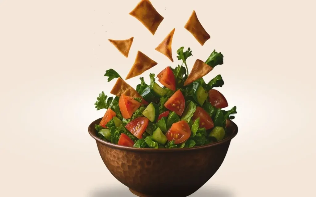 Colorful fattoush salad with toasted pita, crisp veggies and sumac dressing—Lebanese cuisine at Aladdin Mediterranean cuisine, Houston