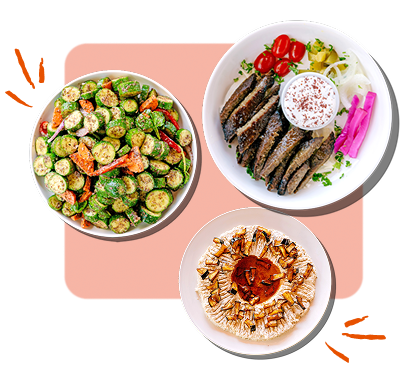 Fresh Mediterranean food platter with hummus, tabbouleh, and grilled kabobs served at Aladdin Mediterranean Cuisine Houston - halal restaurant near me