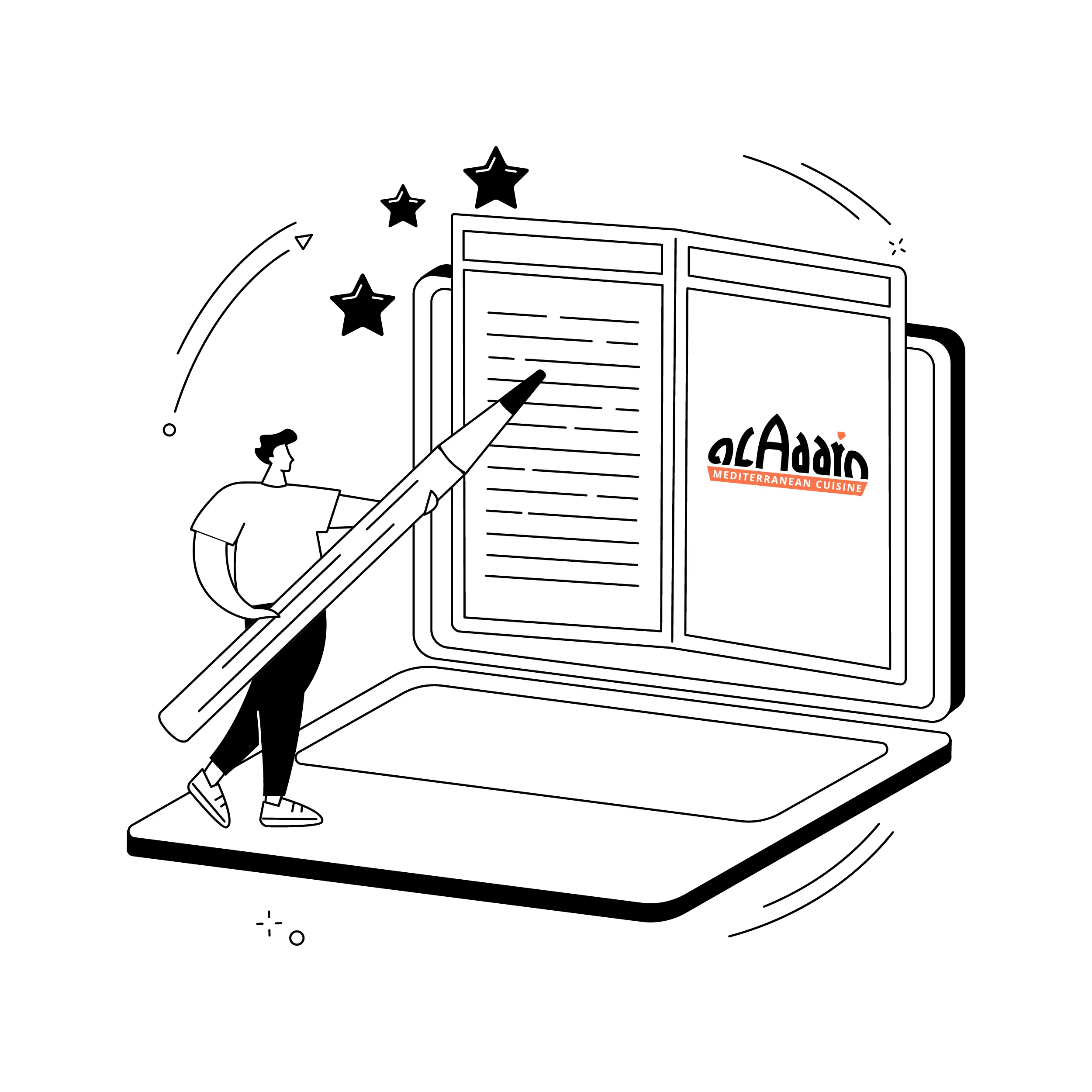 a digitally illustrated graphic showing a person with a large pencil editing a menu that says Aladdin