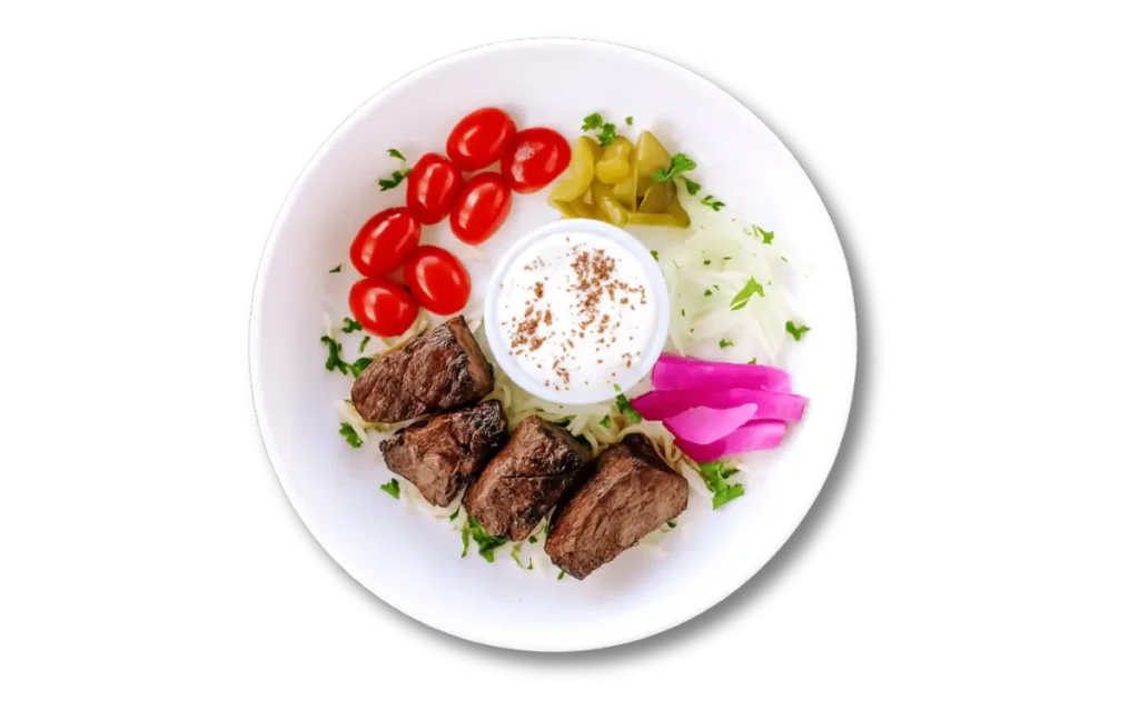 Grilled sirloin beef kebab with fresh vegetables – Aladdin Mediterranean Cuisine Houston