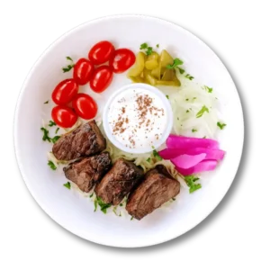 Grilled sirloin beef kebab with fresh vegetables – Aladdin Mediterranean Cuisine Houston
