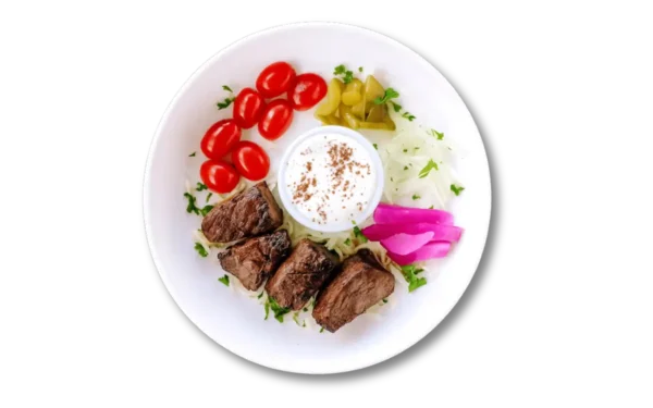 Grilled sirloin beef kebab with fresh vegetables – Aladdin Mediterranean Cuisine Houston