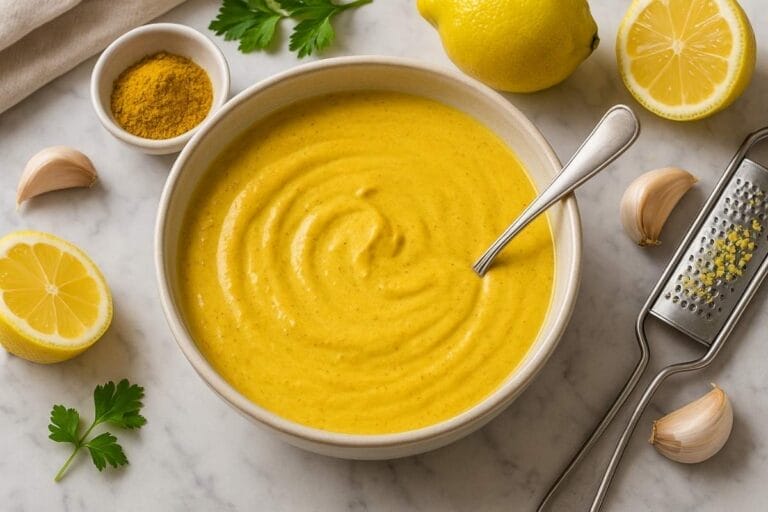 Bowl of golden curry yogurt dressing with a spoon, surrounded by lemons, garlic, herbs, and curry powder on a marble surface.
