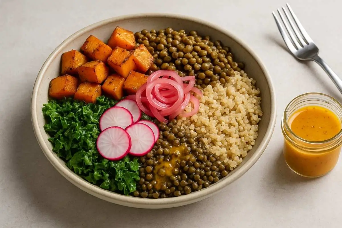 Mediterranean-style lentil and butternut squash grain bowl with kale, quinoa, radish, and orange vinaigrette photographed for Aladdin Mediterranean Restaurant Houston blog.