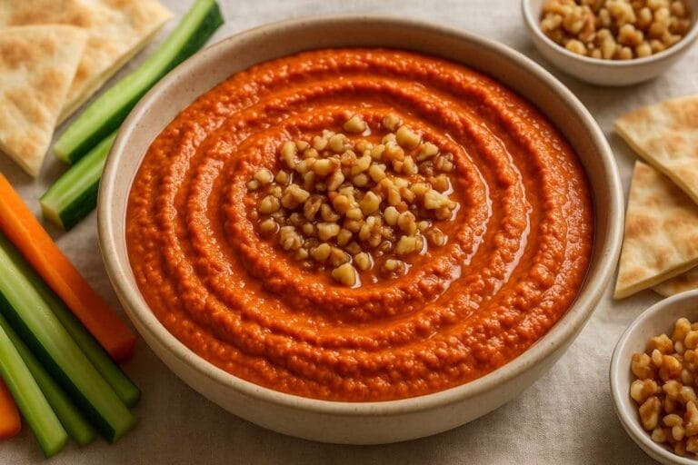 Bowl of creamy muhammara roasted red pepper and walnut dip topped with chopped walnuts, served with pita and veggie sticks.