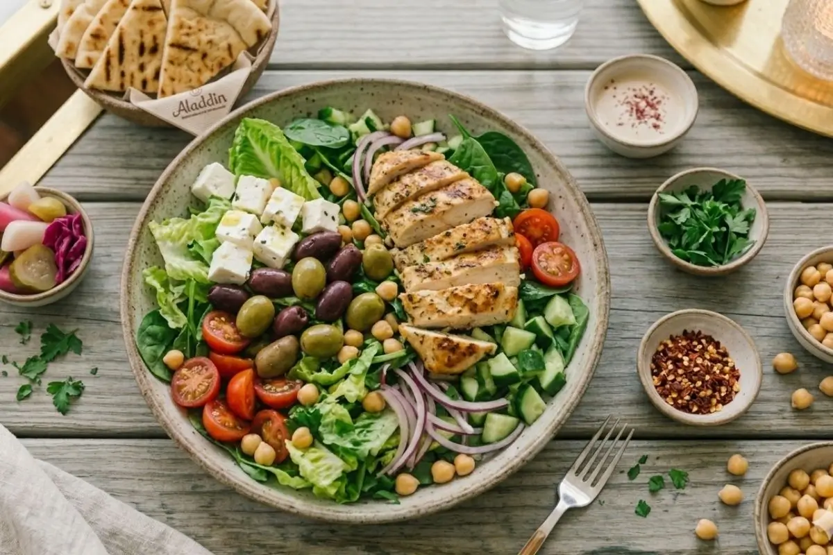 Grilled chicken salad with lettuce, cucumbers, cherry tomatoes, red onion, chickpeas, olives, and feta cheese