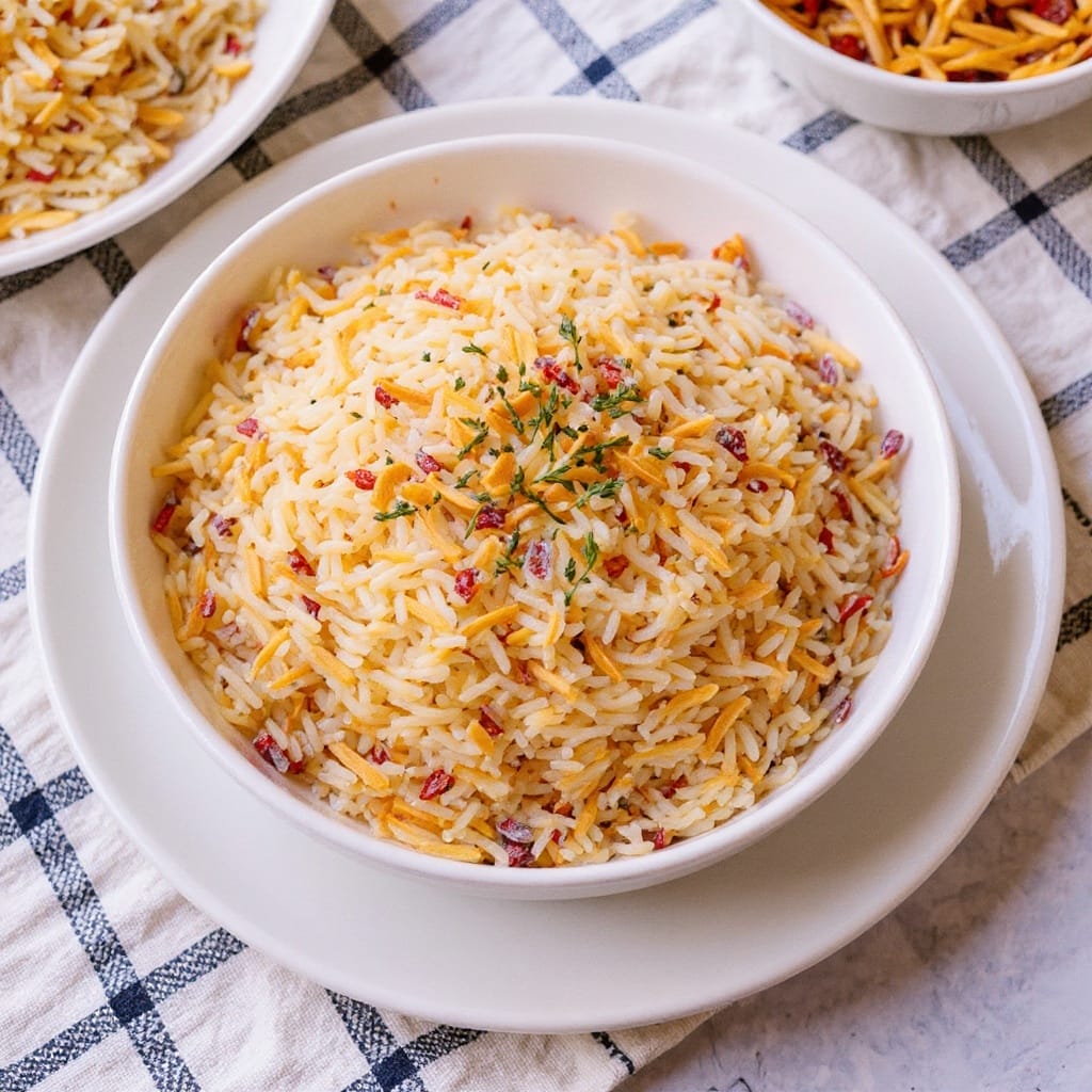 Fluffy Almond Vermicelli Rice in a white bowl, a savory side dish from Aladdin Mediterranean catering Houston.