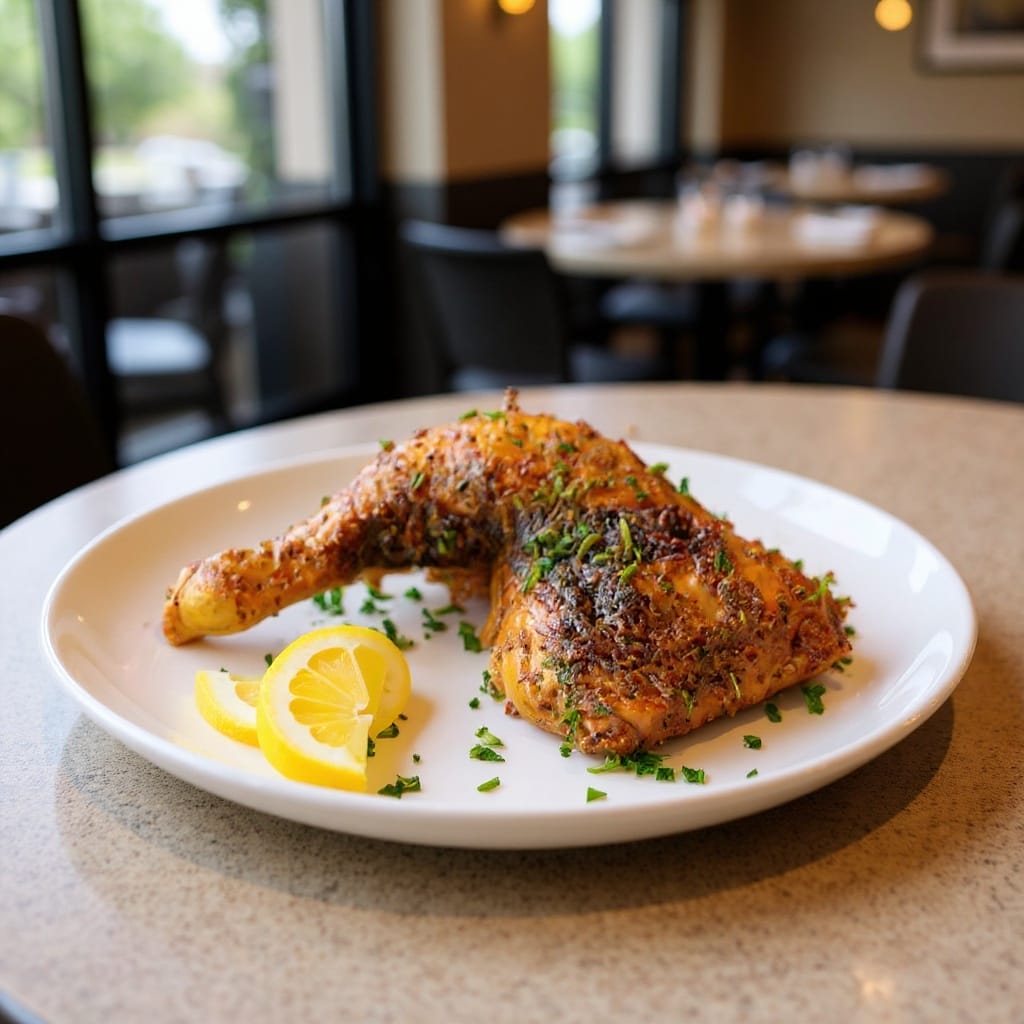 Savory baked chicken leg and thigh seasoned with herbs and served with lemon from Aladdin Mediterranean catering Houston.