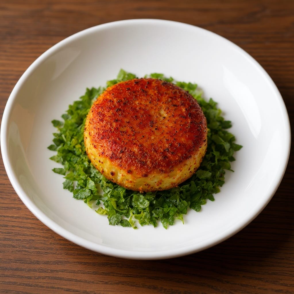 A golden baked mashed potato cake, cut to show its fluffy interior. A savory side from Aladdin Mediterranean catering Houston.