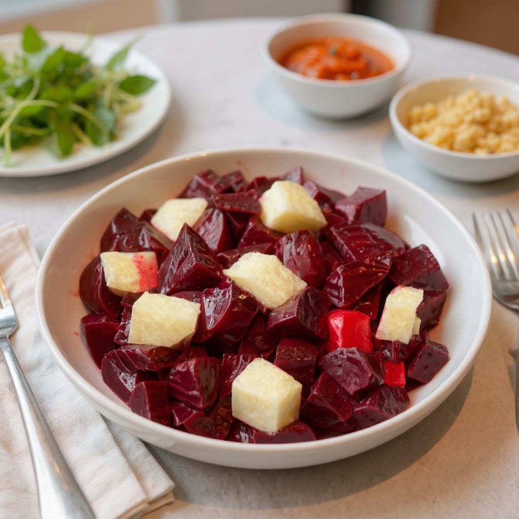 Fresh Beet and Jicama Salad with feta and greens, a vibrant choice from Aladdin Mediterranean catering Houston.