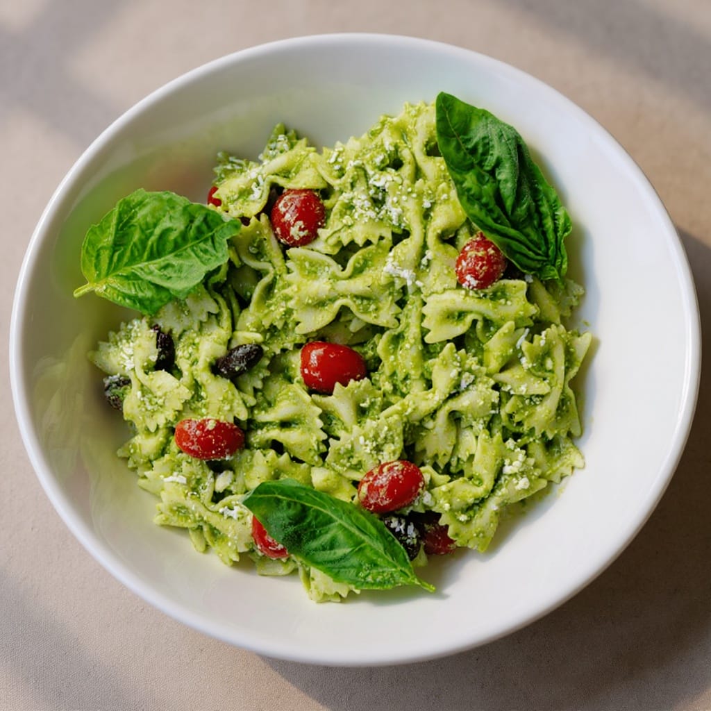 A fresh bowl of Bow Tie Pesto Salad with cherry tomatoes, olives, and basil from Aladdin Mediterranean catering Houston.