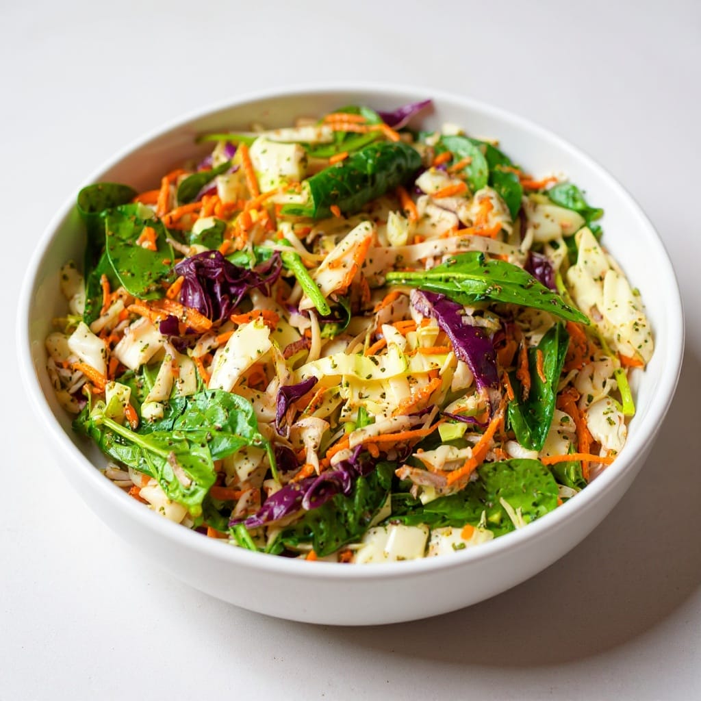 A vibrant bowl of Cabbage Salad with fresh spinach and carrots, a perfect side from Aladdin Mediterranean catering Houston.