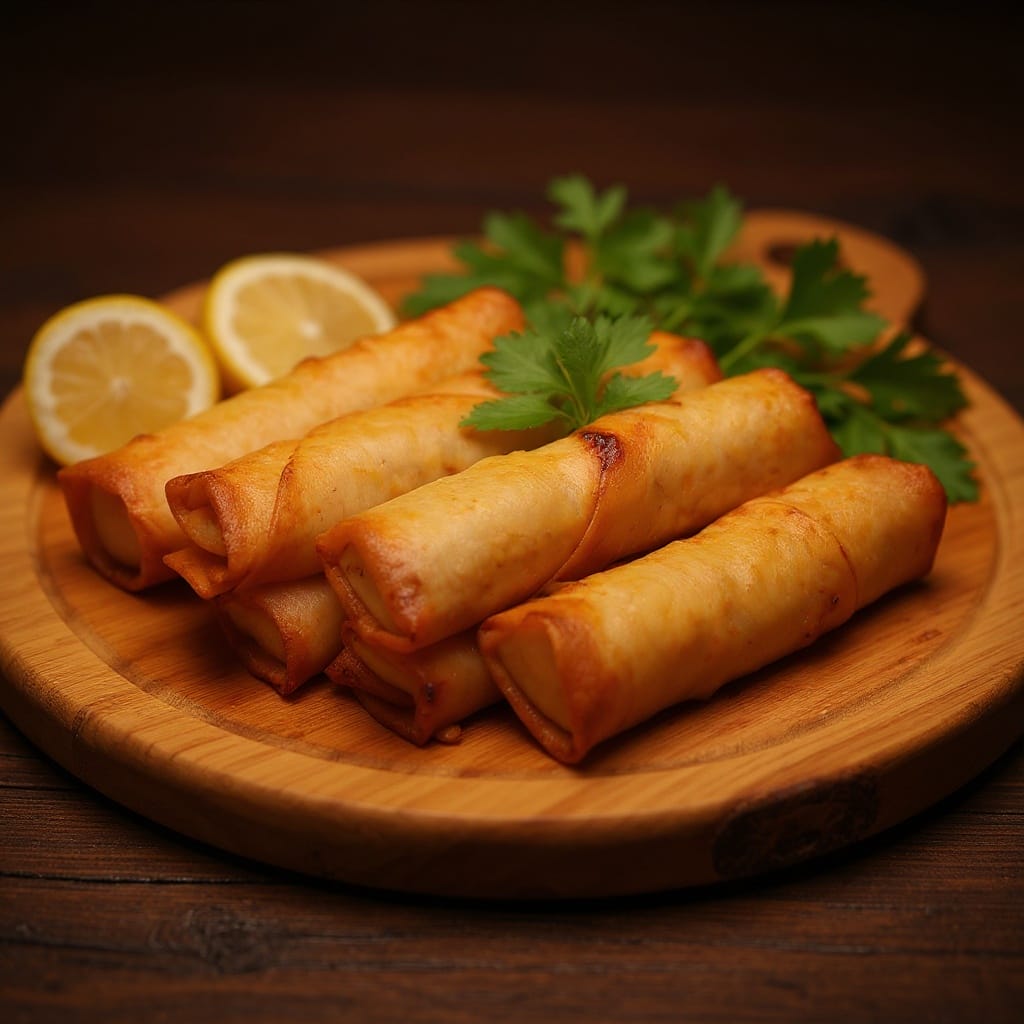 Crispy chicken sambousek rolls arranged with fresh parsley, lemon, and a dipping sauce from Aladdin Mediterranean catering Houston.