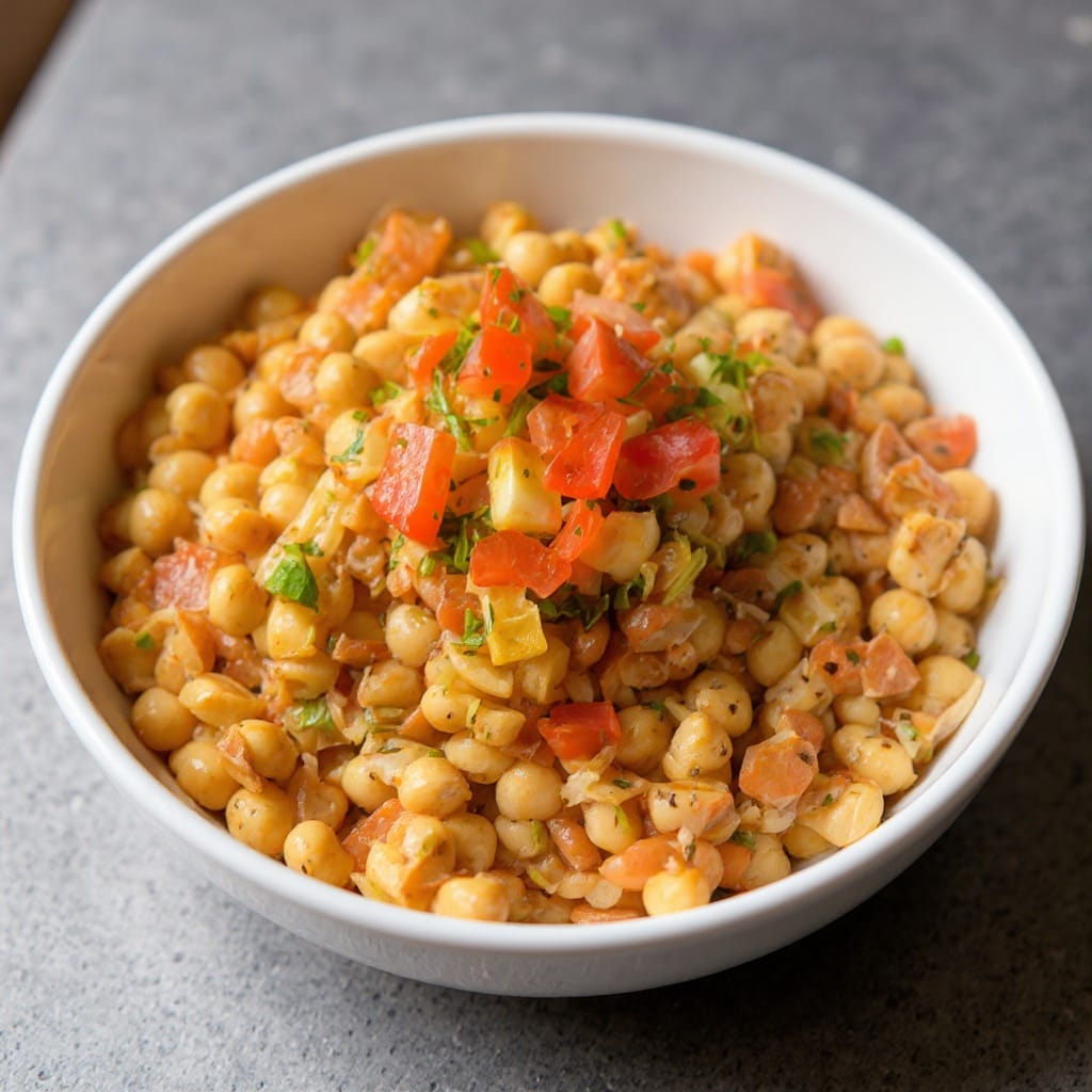 A fresh bowl of chickpea salad with diced tomatoes and herbs from Aladdin Mediterranean catering Houston.