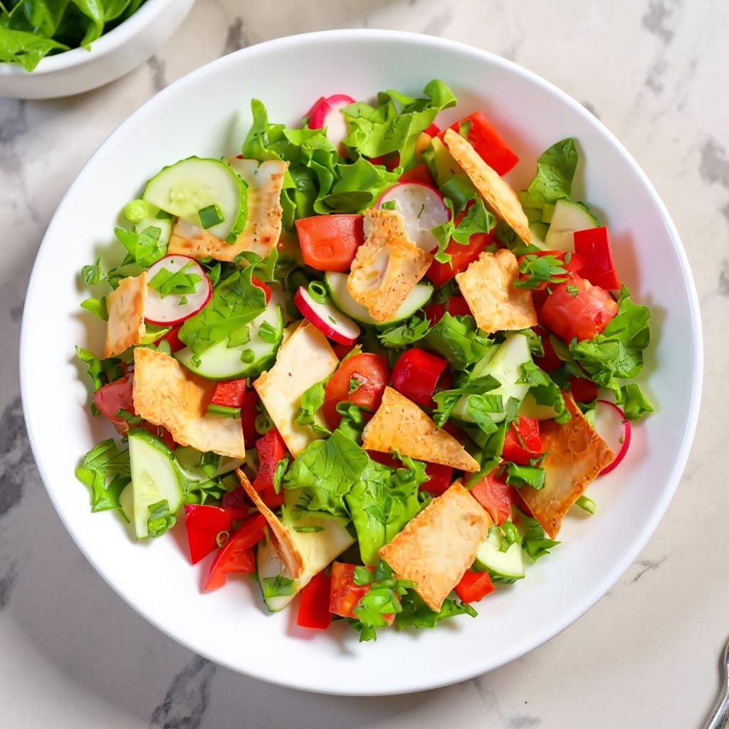 A fresh Fattoush salad in a white bowl with lettuce, tomato, cucumber, radish, and pita chips from Aladdin Mediterranean catering Houston.