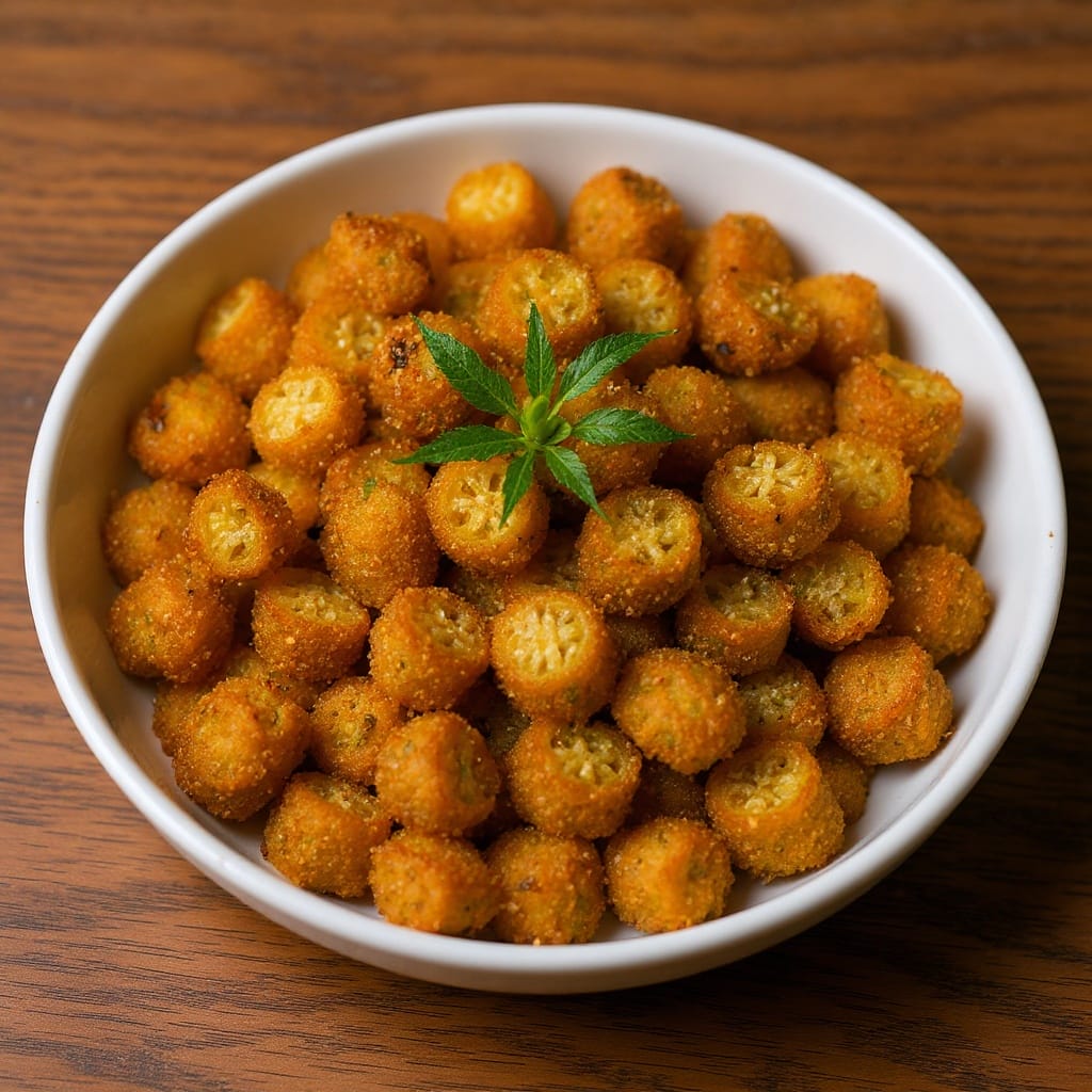A white bowl of crispy, golden fried okra with a fresh parsley garnish. Aladdin Mediterranean catering Houston.