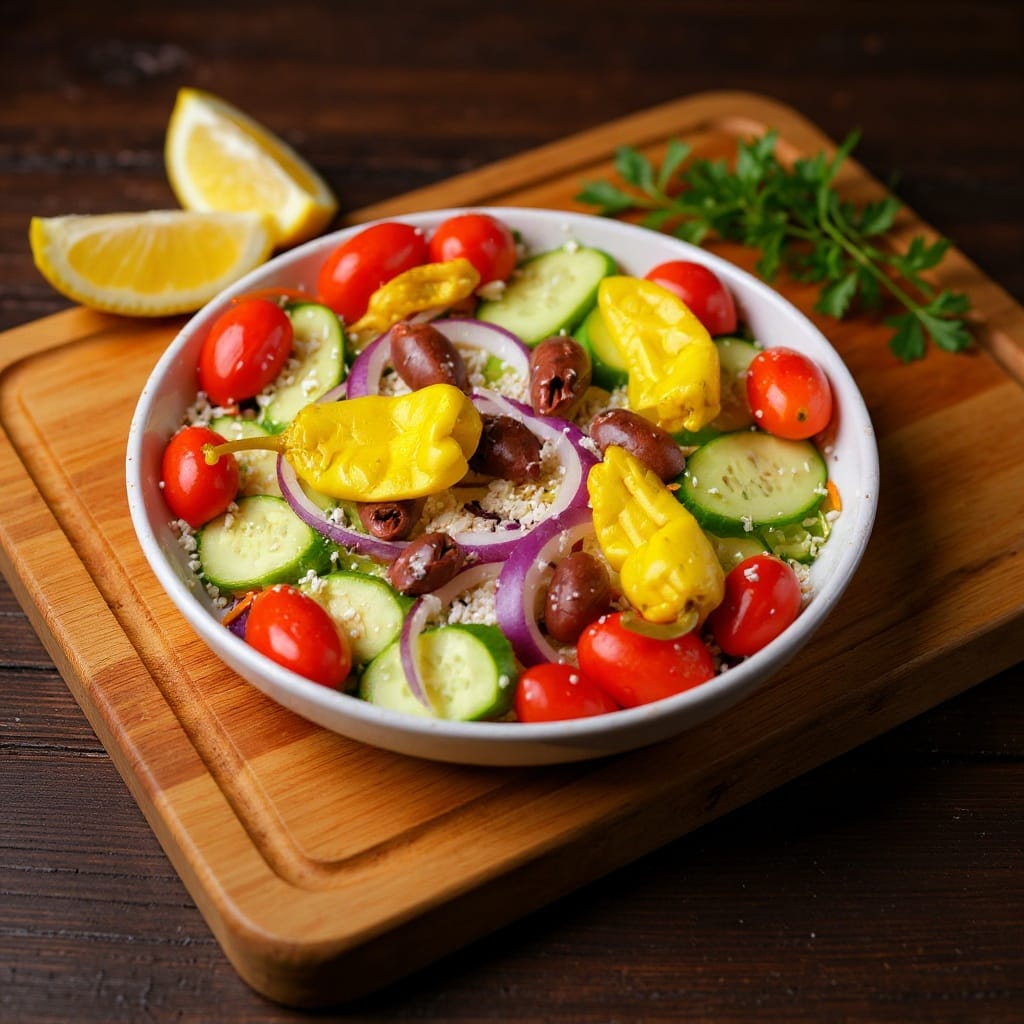 A fresh Greek salad with tomatoes, cucumbers, olives, and feta in a white bowl. Aladdin Mediterranean catering Houston.